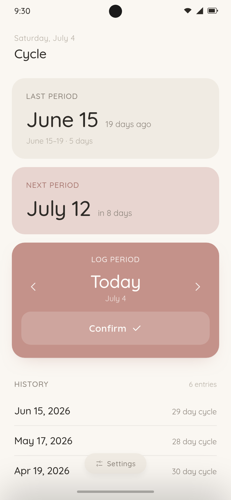 Cycle app showing the next predicted period and period logging controls